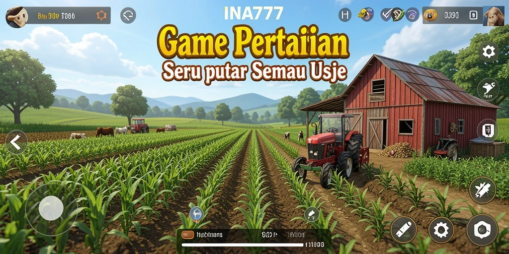 Tampilan gameplay <strong>INA777</strong> menunjukkan aktivitas bertani yang seru dan berwarna.