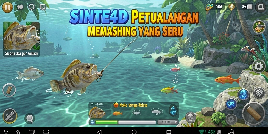 Screenshot gameplay SINTE4D menampilkan momen memancing yang seru dan menantang.