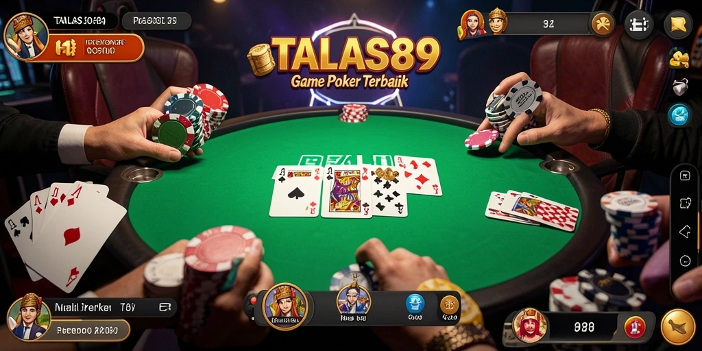 Tampilan screenshot TALAS89 yang menunjukkan aksi permainan poker yang mendebarkan.