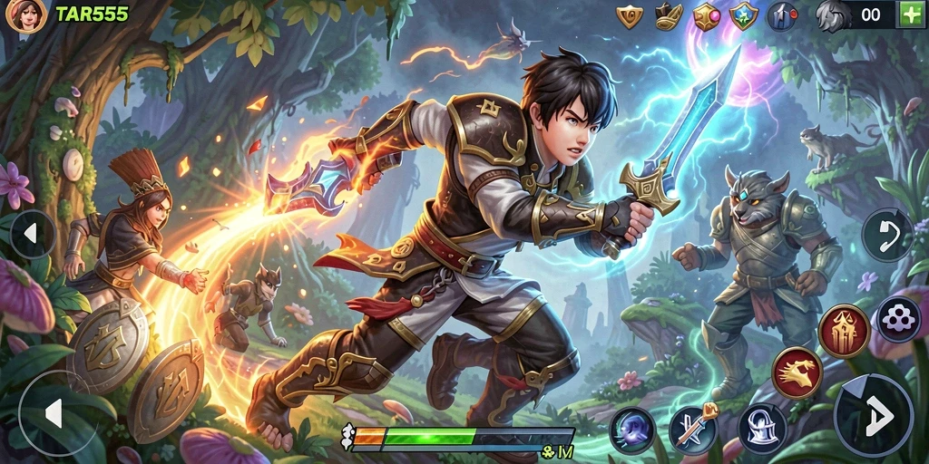 Screenshot TAR555 menampilkan karakter dalam pertempuran epik di dunia fantasi.