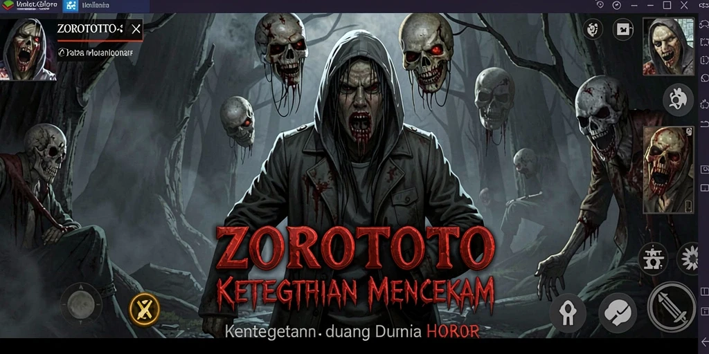 Screenshot gameplay ZOROTOTO menampilkan suasana mencekam di lokasi angker.